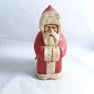Hand Painted Carved Wooden Santa Figurine Holiday Winter Christmas Decor  Signed